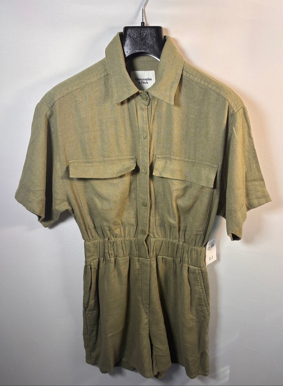 Abercrombie & Fitch Linen-Blend Utility Romper Womens XXSP Olive NWT